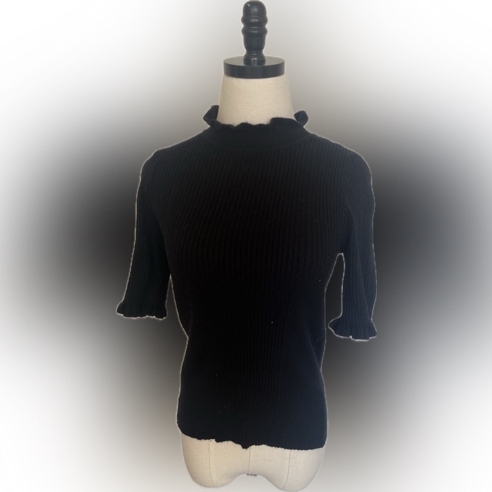 Princess Highway Crew Neck Sweater Short Sleeve Ruffle Neck in Black
